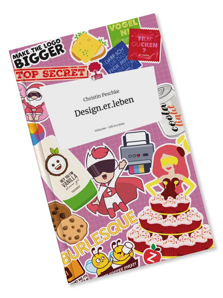 Buchcover von Design.er.leben von Christin Peschke. Rosa mit Illustrationen.